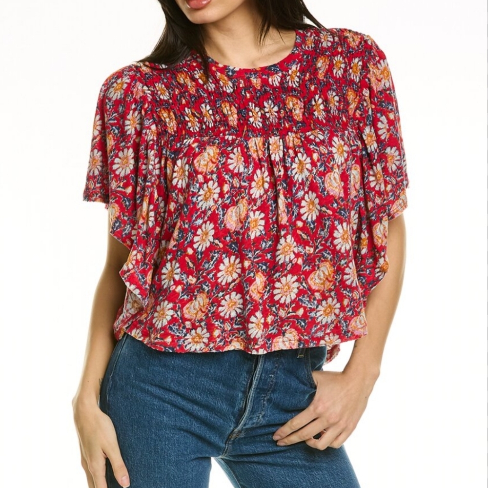 FREE PEOPLE Floral Print Ruffled Up Linen-Blend Top Sz S